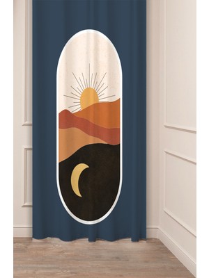 Greendecor Güneş Ay Doğa Pastel Bohem Özel Tasarım Dijital Baskılı (Tek Kanat) Krem Bej Siyah Modern Fon Perde
