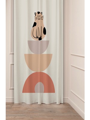 Greendecor Kedi Bohem Model Geometrik Çizgili Desenli Özel Tasarım Dijital Baskılı (Tek Kanat) Modern Fon Perde