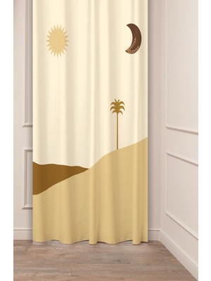 Greendecor Palmiye Çöl Ay Çiçek Desenli Bohem Model Özel Tasarım Dijital Baskılı (Tek Kanat) Modern Fon Perde