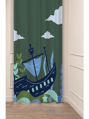 Greendecor Gemi Yıldız Deniz Bulut Yaprak Bohem Desenli Özel Tasarım Dijital Baskılı (Tek Kanat) Şık Fon Perde