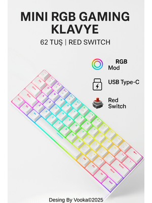 vooka Mini Rgb Gaming Mekanik Klavye 62 Tuş Red Switch USB Type-C Kablolu Kompakt Oyuncu Klavyesi Rgb Işıklı Gaming Klavye Laptop Pc Uyumlu Mini Mekanik Klavye Beyaz Gaming Keyboard