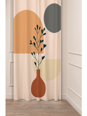 Greendecor Yaprak Vazo Bohem Minimalist Bej Krem Desenli Özel Tasarım Dijital Baskılı (Tek Kanat) Şık Fon Perde