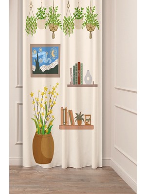 Greendecor Van Gogh Yıldızlı Gece Kitap Çiçekler Bohem Özel Tasarım Dijital Baskılı (Tek Kanat) Şık Fon Perde