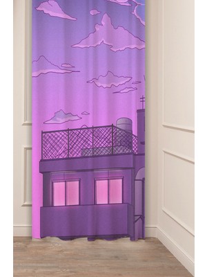 Greendecor Anime Şehir Bulut Mor Pembe Desenli Özel Tasarım Dijital Baskılı (Tek Kanat) Modern Şık Fon Perde