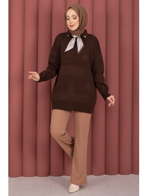 RAF Fularlı Polo Yaka Triko Kazak Kahve