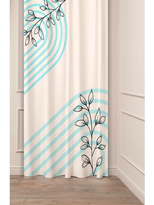 Greendecor Yaprak Grafik Bohem Minimalist Bej Krem Desenli Özel Tasarım Dijital Baskılı (Tek Kanat) Fon Perde