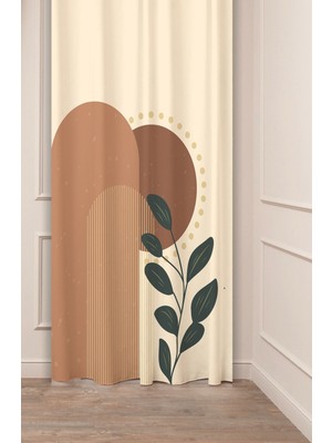 Greendecor Yaprak Grafik Bohem Minimalist Bej Krem Desenli Özel Tasarım Dijital Baskılı (Tek Kanat) Fon Perde