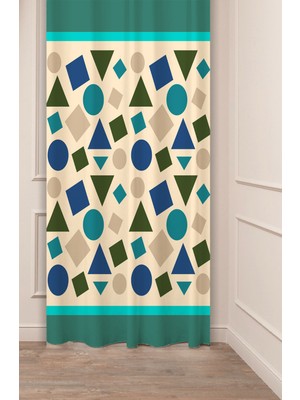 Greendecor Geometrik Şekil Kare Yeşil Bej Desenli Özel Tasarım Dijital Baskılı (Tek Kanat) Modern Şık Fon Perde