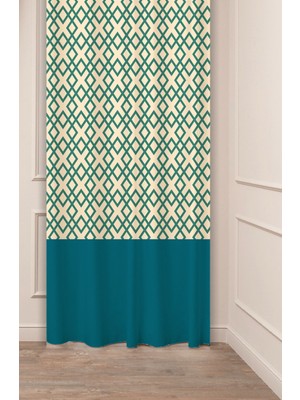 Greendecor Geometrik Şekil Kare Yeşil Bej Desenli Özel Tasarım Dijital Baskılı (Tek Kanat) Modern Şık Fon Perde