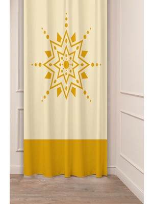 Greendecor Bohem Geometrik Çizgi Desenli Özel Tasarım Dijital Baskılı (Tek Kanat) Modern Şık Bej Sarı Fon Perde