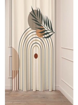 Greendecor Yaprak Bohem Minimalist Pastel Bej Krem Desenli Özel Tasarım Dijital Baskılı (Tek Kanat) Fon Perde