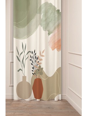 Greendecor Çiçekli Bohem Minimalist Yaprak Vazo Bej Desenli Özel Tasarım Dijital Baskılı (Tek Kanat) Fon Perde