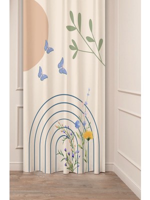 Greendecor Kelebek Yaprak Çiçek Bej Krem Pastel Özel Tasarım Dijital Baskılı (Tek Kanat) Modern Şık Fon Perde