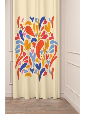 Greendecor Bohem Çiçekler Geometrik Çizgi Desenli Özel Tasarım Dijital Baskılı (Tek Kanat) Modern Şık Fon Perde