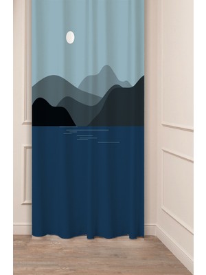Greendecor Lacivert Deniz Ay Işığı Yakamoz Dağ Bohem Desenli Özel Tasarım Dijital Baskılı (Tek Kanat) Fon Perde