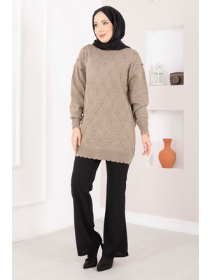 RAF Baklava Desen Ponpon Detaylı Triko Kazak Vizon