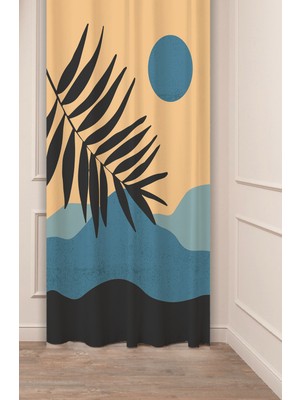 Greendecor Dağ Yaprak Lacivert Renk Bohem Desenli Özel Tasarım Dijital Baskılı (Tek Kanat) Modern Şık Fon Perde