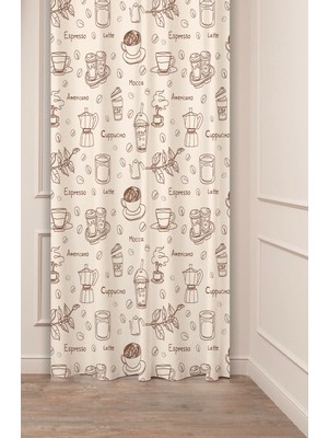 Greendecor Coffee Kahve Bohem Özel Tasarım Dijital Baskılı (Tek Kanat) Modern Şık Mutfak Bej Krem Fon Perde