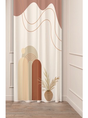 Greendecor Vazo Çiçekler Yaprak Pastel Bohem Özel Tasarım Dijital Baskılı (Tek Kanat) Bej Krem Şık Fon Perde