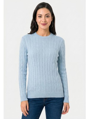 Felix Hardy Kadın V Yaka Saç Örgü Triko Kazak - Mavi