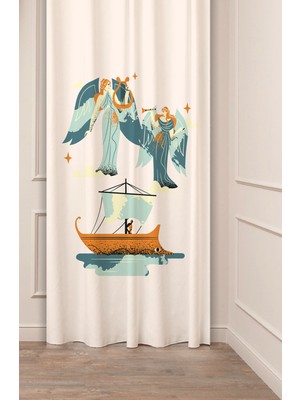 Greendecor Yunan Mitolojisi Şimşek At Gemi Antik Desenli Özel Tasarım Dijital Baskılı (Tek Kanat) Şık Fon Perde