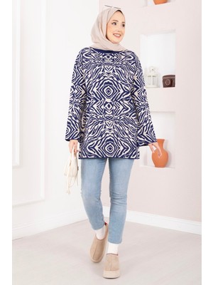 RAF Zebra Desen Triko Kazak Lacivert