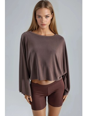 Hiccup Kadın Busem Rahat Kesim Kayık Yaka Bluz Kahve Kahvesi