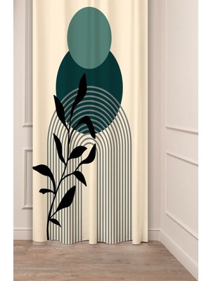 Greendecor Yaprak Grafik Bohem Minimalist Bej Krem Desenli Özel Tasarım Dijital Baskılı (Tek Kanat) Fon Perde