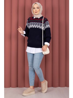 RAF Etnik Motifli Salaş Triko Kazak Lacivert