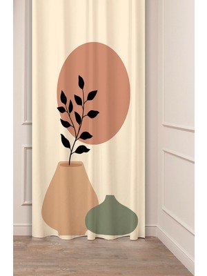Greendecor Vazo Yaprak Bohem Minimalist Bej Krem Desenli Özel Tasarım Dijital Baskılı (Tek Kanat) Şık Fon Perde