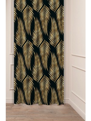 Greendecor Yaprak Siyah Bohem Minimalist Bej Krem Desenli Özel Tasarım Dijital Baskılı (Tek Kanat) Fon Perde