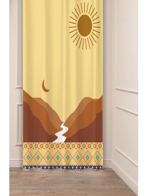 Greendecor Dağ Çöl Ay Güneş Etnik Antika Desenli Özel Tasarım Dijital Baskılı (Tek Kanat) Modern Şık Fon Perde