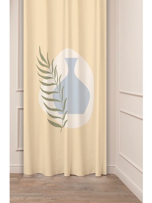 Greendecor Yaprak Vazo Bohem Minimalist Bej Krem Desenli Özel Tasarım Dijital Baskılı (Tek Kanat) Şık Fon Perde