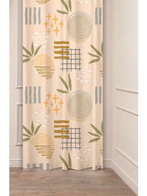Greendecor Bohem Yaprak Desenli Dijital Baskılı Fon Perde (Tek Kanat) Pastel Renkli Modern Tasarımlı  Fon Perde