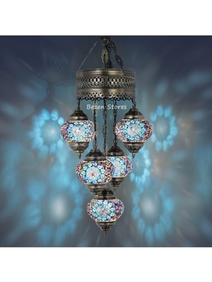 Normadia El Yapımı Turkuaz Küp Mozaik Avize, Otantik Asma Tavan Lambası