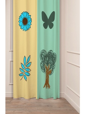 Greendecor Geometrik Şekil Kare Yeşil Bej Desenli Özel Tasarım Dijital Baskılı (Tek Kanat) Modern Şık Fon Perde