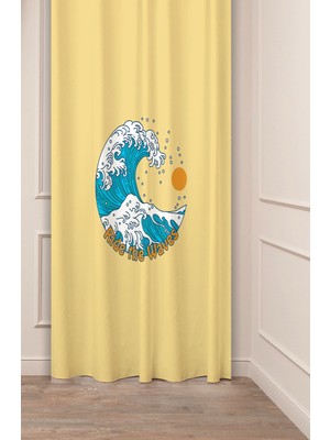 Greendecor Büyük Dalga Deniz Güneş Sarı Mavi Bohem Desenli Özel Tasarım Dijital Baskılı (Tek Kanat) Fon Perde
