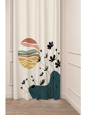 Greendecor Çiçek Bohem Minimalist Pastel Bej Soft Desenli Özel Tasarım Dijital Baskılı (Tek Kanat) Fon Perde