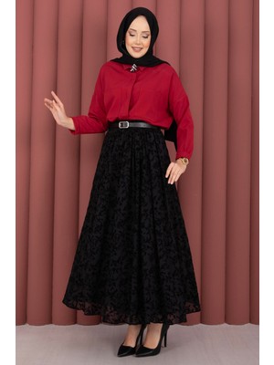 Kç Flok Desen Kemerli Tül Etek Siyah