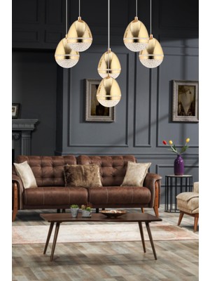 Normadia 6'lı Yuvarlak Gold Damla Modern Salon LED Avize