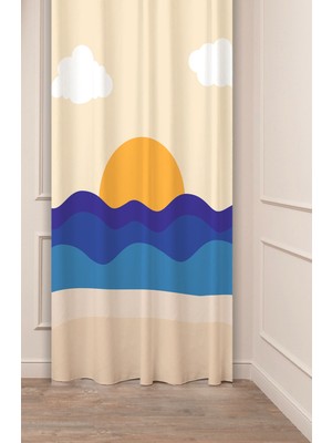 Greendecor Deniz Dalga Güneş Bej Mavi Renk Bohem Desenli Özel Tasarım Dijital Baskılı (Tek Kanat) Şık Fon Perde