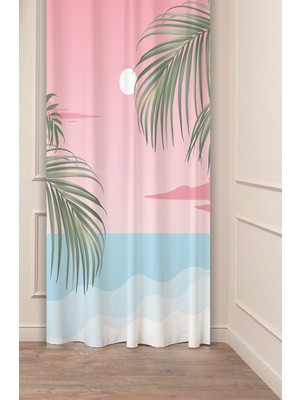Greendecor Palmiye Yaprak Deniz Güneş Pembe Bohem Desenli Özel Tasarım Dijital Baskılı (Tek Kanat) Fon Perde