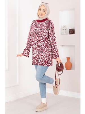 RAF Zebra Desen Triko Kazak Bordo