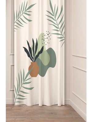 Greendecor Yaprak Vazo Bohem Minimalist Bej Krem Desenli Özel Tasarım Dijital Baskılı (Tek Kanat) Şık Fon Perde