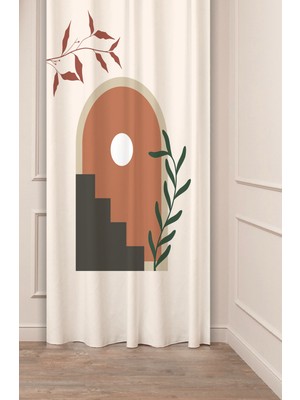 Greendecor Yaprak Vazo Bohem Minimalist Bej Krem Desenli Özel Tasarım Dijital Baskılı (Tek Kanat) Şık Fon Perde