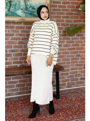 Mo İnce Çizgili Crop Takım Elbise Ekru