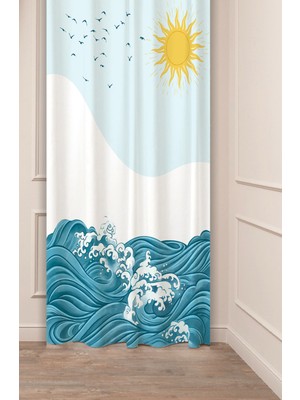 Greendecor Mavi Deniz Güneş Martı Bohem Desenli Özel Tasarım Dijital Baskılı (Tek Kanat) Modern Şık Fon Perde