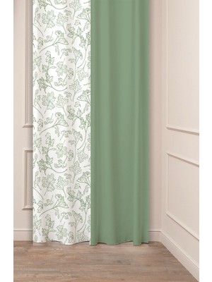 Greendecor Yaprak Yeşil Bohem Minimalist Bej Krem Desenli Özel Tasarım Dijital Baskılı (Tek Kanat)Şık Fon Perde