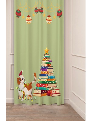 Greendecor Yılbaşı Çam Ağacı Noel Ağacı Kar Yeni Yıl Christmas Desenli Özel Tasarımlı Dijital Baskılı Fon Perde