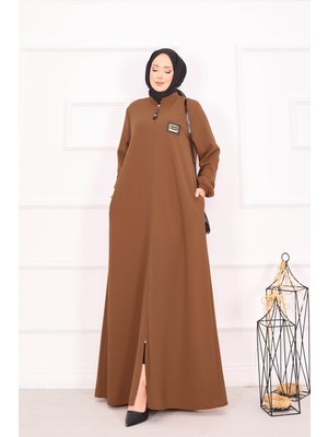 Nz Manşeti Lastikli Cepli Tesettür Ferace Taba